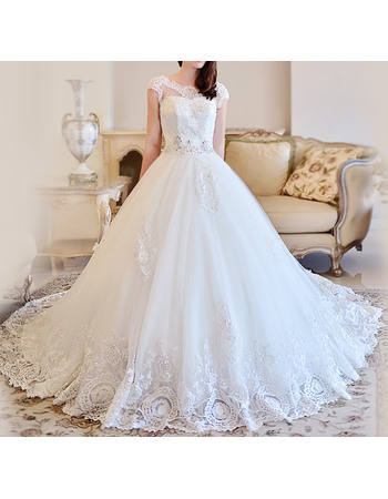 Gorgeous Illusion Neckline Ball Gown Tulle Wedding Dresses with Slight Cap Sleeves