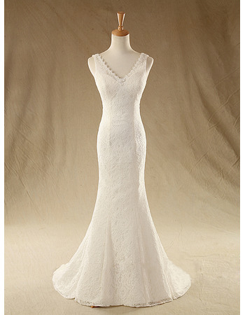 Simple Sexy Sheath V-Neck Sleeveless Full Length Ivory Lace Wedding Dresses
