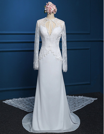 Beautiful Sexy Beading Chiffon Wedding Dresses with Lace Train and Long Illusion Sleeves
