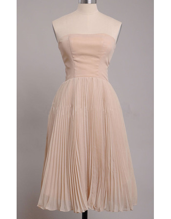 Inexpensive Simple Pleated Chiffon Strapless Tea Length Bridesmaid Dresses for Summer