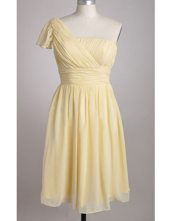 Elegant One-Shoulder Cap Sleeve Chiffon Knee Length Bridesmaid Dresses with Pleated Bodice and Skirt