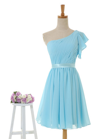 New Arrival Asymmetric Flutter Sleeve Pleated Chiffon Short Bridesmaid Dresses with Belts Under 100