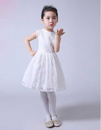 Custom Simple A-Line Knee Length Lace Flower Girl/ First Communion Dresses with V-back and Satin-trimmed
