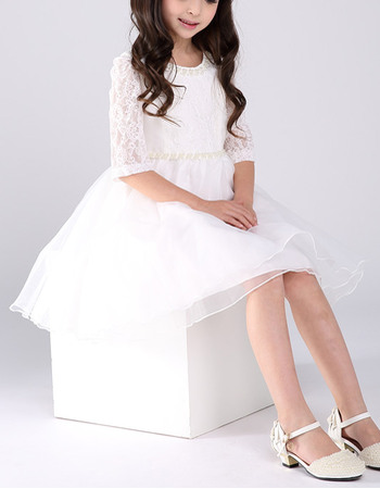 Beautiful A-Line Beaded Round Neck Short Organza Lace Flower Girl Dresses with Half Sleeves