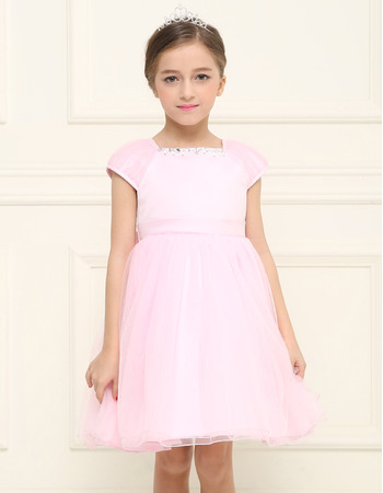 Cheap Simple Empire Short Pink Tulle Flower Girl Dresses with Cap Sleeves