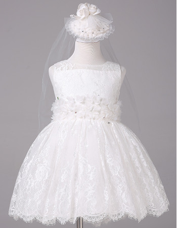 Beautiful Ball Gown Bateau Neck Short Lace Flower Girl Dresses with Flower Waistband
