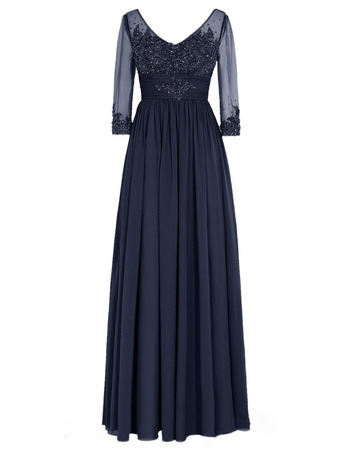 Stylish V-Neck Pleated Navy Blue Chiffon Mother Dresses for Party with 3/4 Length Tulle Sleeves