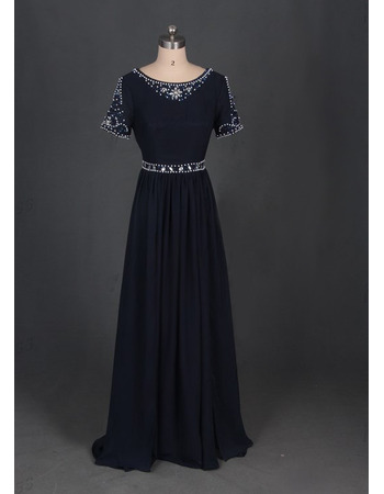 Graceful Crystal Beaded Embellished Long Chiffon Mother Dresses for Party with Short Sleeves