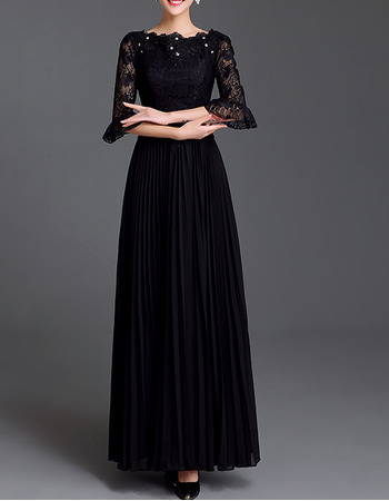 Elegant Black Pleated Chiffon Lace Mother Dresses for Party with Trumpet Sleeves