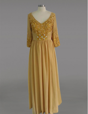 Gorgeous and Shimmering Gold Beading Plus Size Chiffon Mother Dresses with 3/4 Long Sleeves