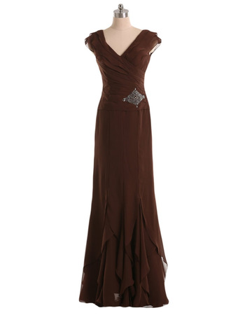 Fancy V-Neck Floor Length Chiffon Mother of the Bride Dresses with Tiered Hanky Hem