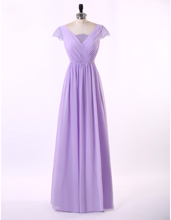 Exquisite A-Line Dluble V-Neck Ruching Chiffon Mother of The Bride Dresses with Cap Sleeves