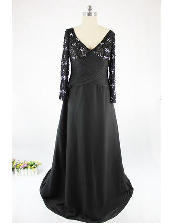 Inexpensive Double V-Neck Long Chiffon Satin Black Plus Size Mother Dresses with Long Lace Sleeves