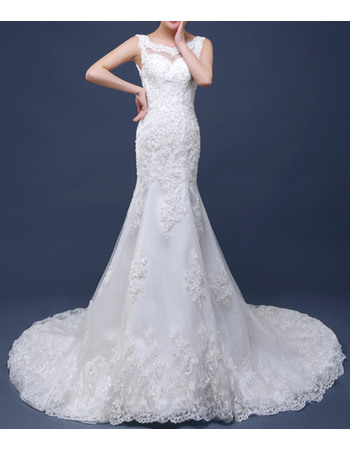 Dramatic Mermaid Court Train Applique Beaded Tulle Wedding Dresses with Low Back