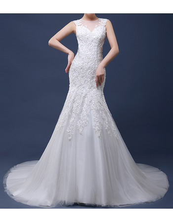 Luxury Beading Appliques Illusion Neckline Tulle Wedding Dresses with Open Back