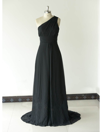 Inexpensive One Shoulder Long Chiffon Black Bridesmaid Dresses