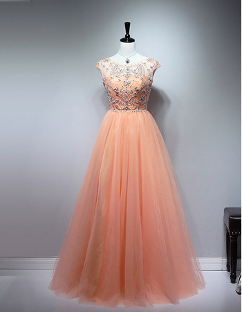 Custom Ball Gown Floor Length Tulle Beaded Bodice Evening Dresses
