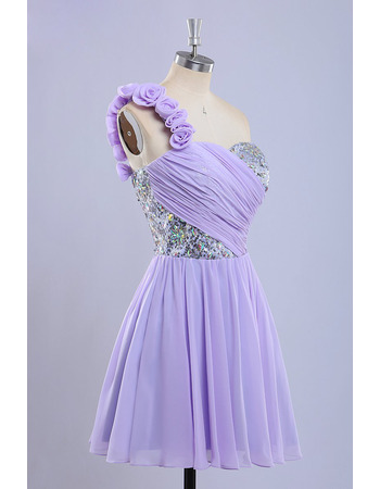 Beautiful One Shoulder Flower Strap Chiffon Homecoming Party Dresses with Sequined Rhinestone Bodice