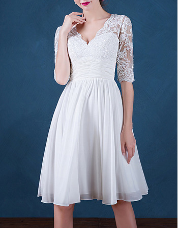Discount Appliques Deep V-Neck Short Pleated Chiffon Wedding Dresses with Half Sleeves