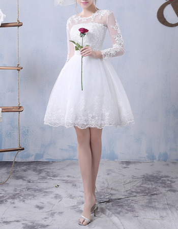 Discount Ball Gown Illusion Neckline Short Tulle Wedding Dresses with Long Sleeves and Appliques