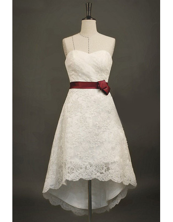 Discount Sleeveless High Low Asymmetrical Hem Lace Wedding Dresses with Belt