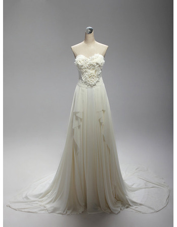 Beautiful Sweetheart Court Train Chiffon Wedding Dresses with Ruffled Bust and Cascade Detail