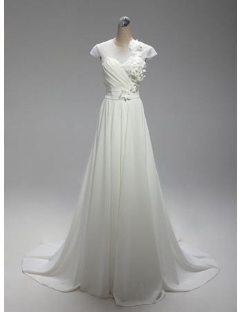 Romantic A-Line Illusion Neckline Court Train Wedding Dresses with Cap Sleeves and Petal Detailing