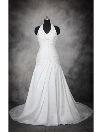 Perfect A-Line Halter-neck Pleated Taffeta Wedding Dresses with Beaded Appliques