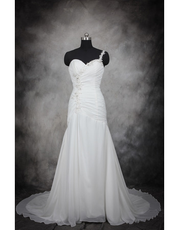 Discount One Shoulder Court Train Chiffon Wedding Dresses with Beaded Applique