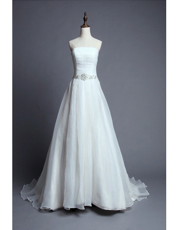Elegance Strapless Organza Wedding Dresses with Ruched Bodice and Beaded Waist