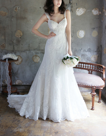Glamorous Sweetheart Wide Straps Sweep Train Tulle Wedding Dresses/ Exquisite Appliques Beaded Bride Gowns
