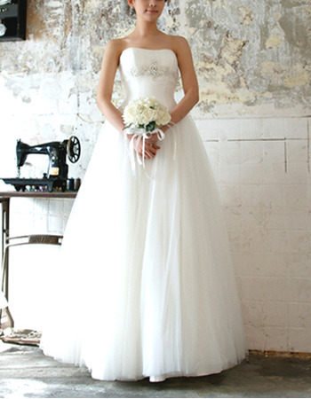Glamorous Ball Gown Strapless Full Length Tulle Wedding Dresses/ Dreamy Crystal Beaded Bride Gowns