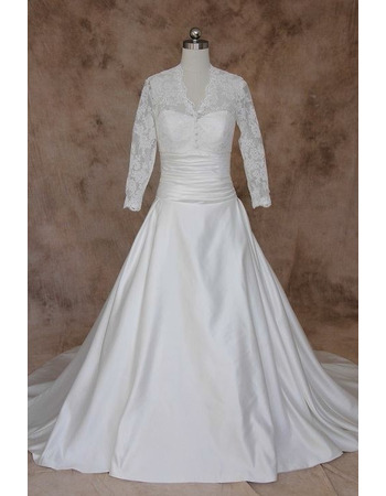 Vintage A-Line V-Neck Satin Wedding Dresses with Long Sleeves and Ruched Waist