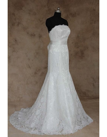 Stylish New Style Sheath Strapless Full Length Lace Wedding Dresses with Belts/ Elegant Low Back Button Bride Gowns