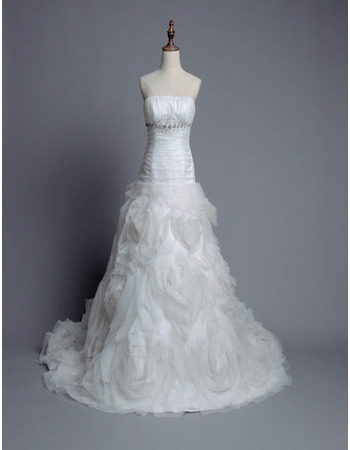 Attractive Strapless Floral Chapel Train Wedding Dresses/ Romantic Ruched Bodice Bride Gowns with Crystal Beading