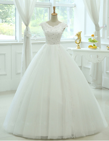 Elegance Ball Gown V-Neck Floor Length Tulle Wedding Dresses/ Exquisite Crystal Appliques Bride Gowns with Slight Cap Sleeves