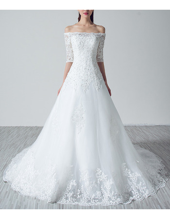 Feminine Off-the-shoulder Tulle Wedding Dresses with Half Sleeves/ Delicate Appliques Beaded Bride Gowns