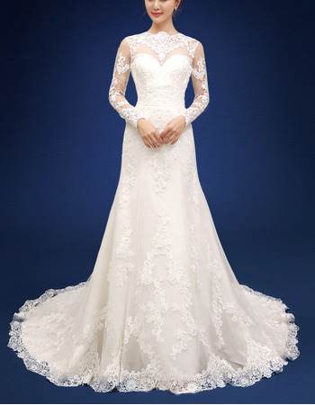 Perfect Appliques Crew Neck Tulle Wedding Dresses with Long Illusion Sleeves and Open Back