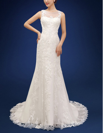 Graceful Appliques Court Train Tulle Wedding Dresses with Sexy Illusion Back