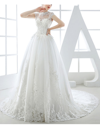Luxurious Beading Appliques Crew Neck Tulle Wedding Dress with Cap Sleeves and Illusion Back