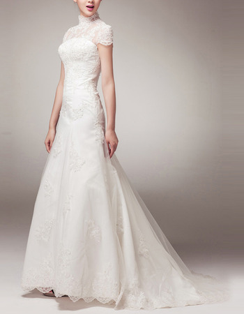 Vintage High-Neck Appliques Tulle Wedding Dress with Cap Sleeves and Dramatic Illusion Back