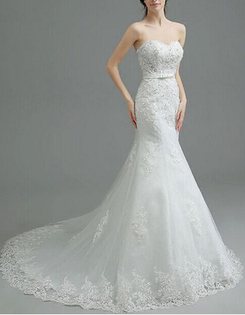 Graceful Beading Appliques Sweetheart Court Train Tulle Wedding Dresses