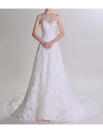 Graceful Beading Appliques Sweetheart Tulle Wedding Dresses with Dramatic Illusion Back