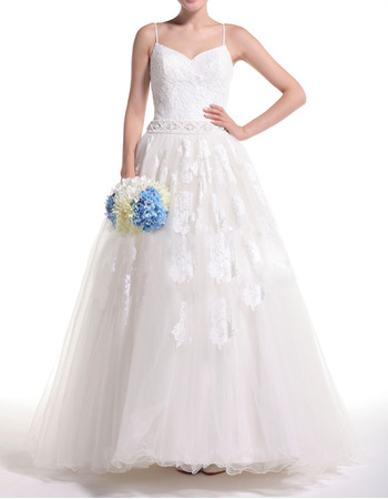 Elegantly Appliques Ball Gown Spaghetti Straps Tulle Wedding Dresses with Beaded Waist