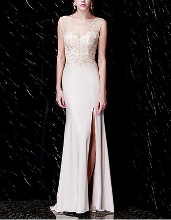 Dramatic Double V-Neck Prom / Formal Evening Dresses with Crystal Beading Embellished Bodice