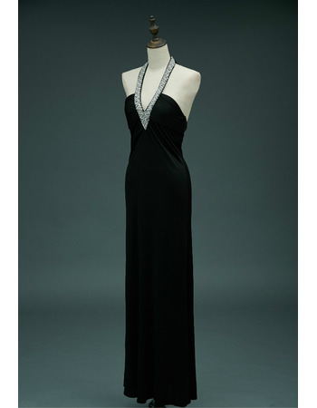 Delicate Crystal Beaded V-neckline Full Length Black Evening Dresses