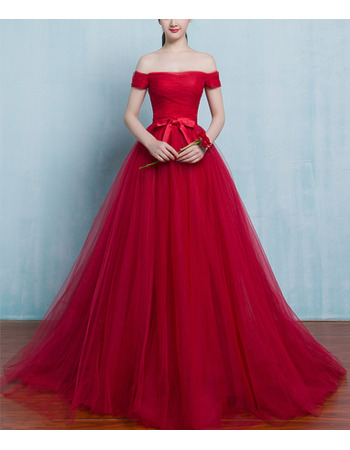 Simple A-Line Off-the-shoulder Pleated Tulle Formal Evening Dresses