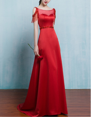 Elegance Illusion Neckline Red Evening Dresses with Exposed-Shoulder and Beading Fringe Detail