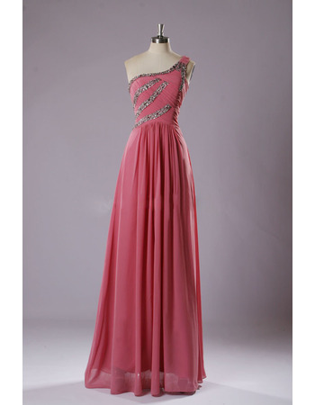 Classy One Shoulder Pleated Chiffon Evening Dresses with Crystal Beading Detailing