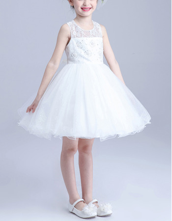 Beautiful Ball Gown Sleeveless Short Satin Tulle Flower Girl Dresses with Beaded Crystal Detailing